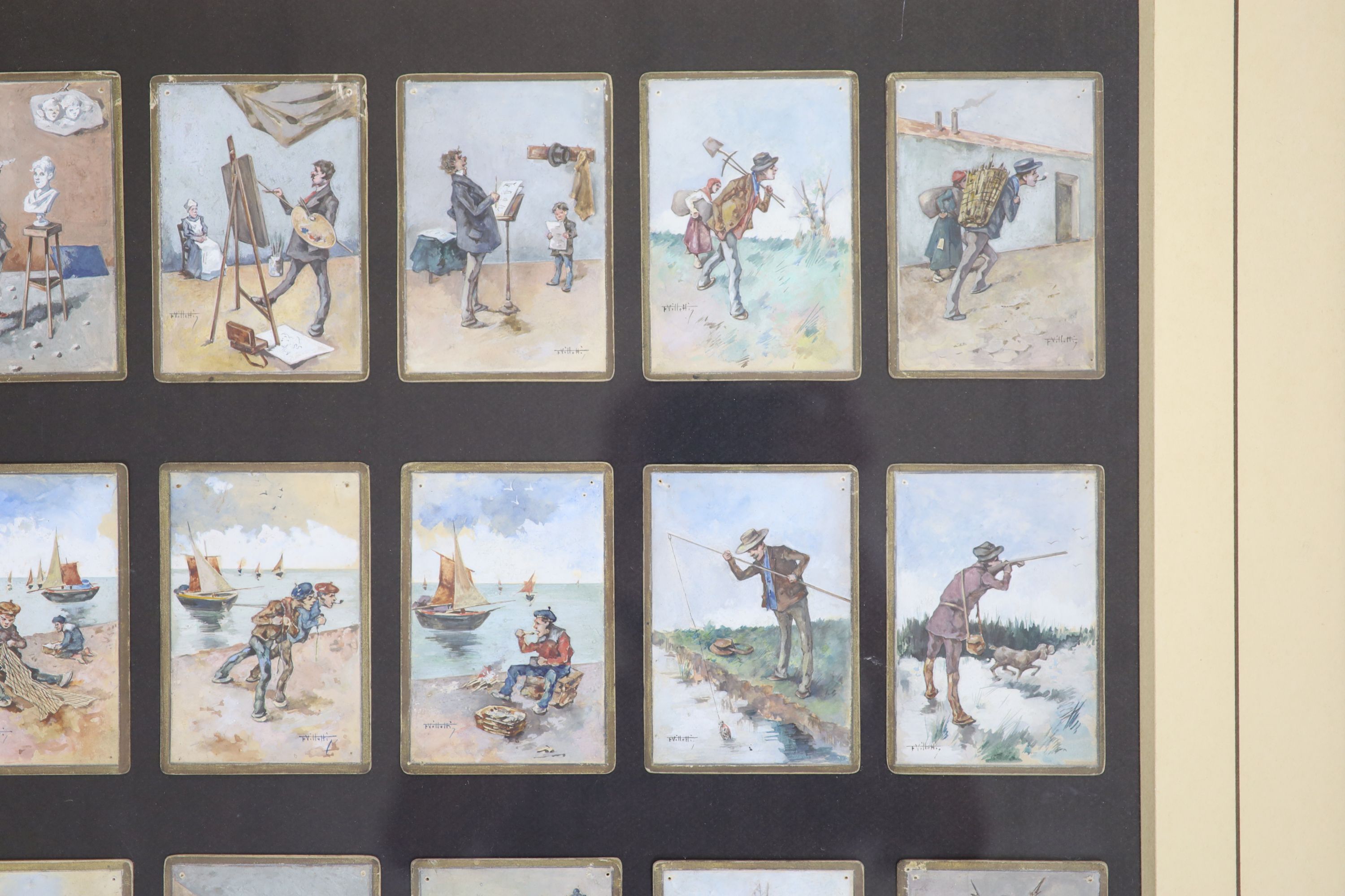 F. Villetti, (Italian, 19th century) a set of 18 humorous / characterful figure studies, maritime, sporting and other pursuits, watercolour on card, each with gilt borders, each signed, individually measuring 10 x 7 cm,